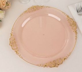 10-Pack Plastic Round Dinner Plates 10" Transparent Blush with Gold Leaf Embossed Rim - Vintage Baroque Style Disposable Plates