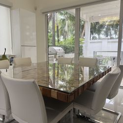 Modern Solid Wood Mosaic Dining Table with Glass Top