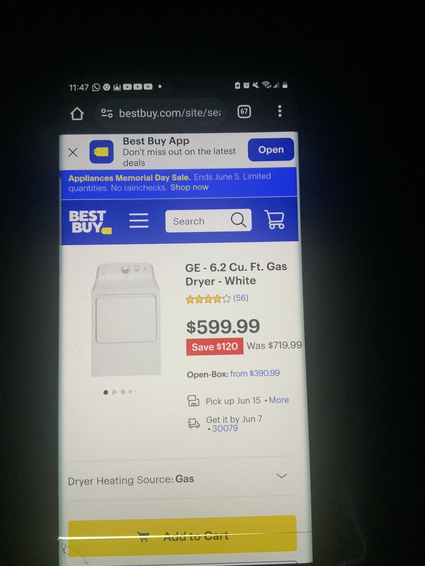 GE 6.2 CU FT. CAPACITY GAS DRYER