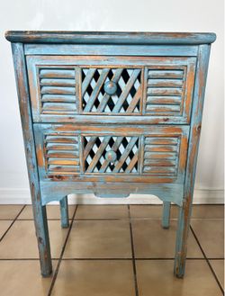 Distressed Blue Wood Nightstand with Lattice Drawers