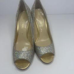 Enzo Angiolini Silver Glitter Peep Toe Heels Size 5.5M