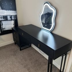 Modern Vanity Desk with Lighted Mirror & Power Strip