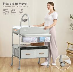 Portable baby changer with 2 storage baskets, comfortable folding changer, changing station adjustable in height for babies and newborns