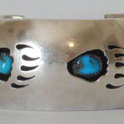 Navajo Signed A. Jensen Sterling Silver Morenci Turquoise Shadowbox Bear Paw Cuff Bracelet
