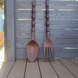 Large Carved Wood Spoon And Fork