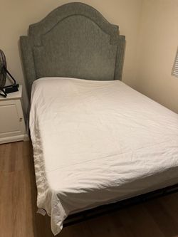 Queen Bed Set – Upholstered Headboard, Frame, (Mattress has stains, priced accordingly)