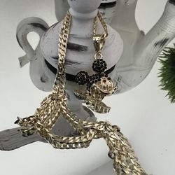 Mickey Black Rhinestone Gold Plated Pendant With Chain Necklace 18” 3mm