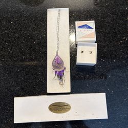 Handcrafted Beaded Woven Seed Bead & Thread Purple & Silver Necklace & Earrings