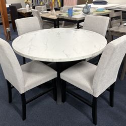 Round Faux Marble 5pc Dining Set