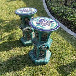 Antique Chinese Turquoise Sancai Pottery Glazed Pedestals 