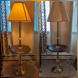 Vintage MCM Brass And Wood Standing Floor Lamp With Table Tray