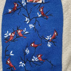 Dog Sweater Blue w/ Happy Little Cardinals Medium
