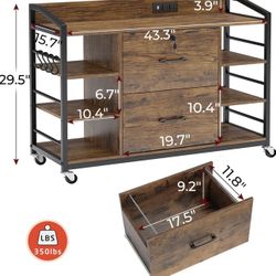 BROWN BROWN 44" File Cabinet, Filing Cabinet 3 Drawer File Cabinets for Home Office, Power Strip, 6 Storage Shelves, BROWN 
