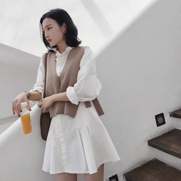 Long Sleeve White Shirt dress +Korean V Neck Short Vest Sets