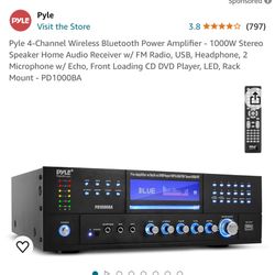 Pyle 4-Channel Wireless Bluetooth Power Amplifier - 1000W Stereo Speaker Home Audio Receiver w/ FM Radio, USB, Headphone, 2 Microphone w/ Echo, Front 