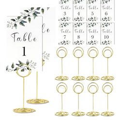 10pcs Gold Table Number Holders, Reusable 3.5'' Table Sign Holders with 10 Cards for Weddings, Events, Restaurants, & Seating Arrangements