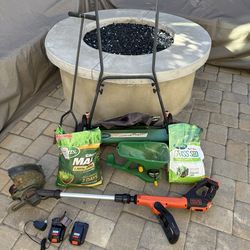 Wireless Edger, Push Mower, Dirt Plug, Grass Seed, Seed Spreader And Grass Food