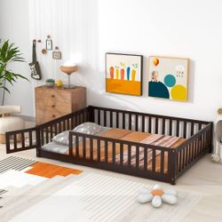 Full Size Floor Bed Frame with Slats and Safety Guardrail