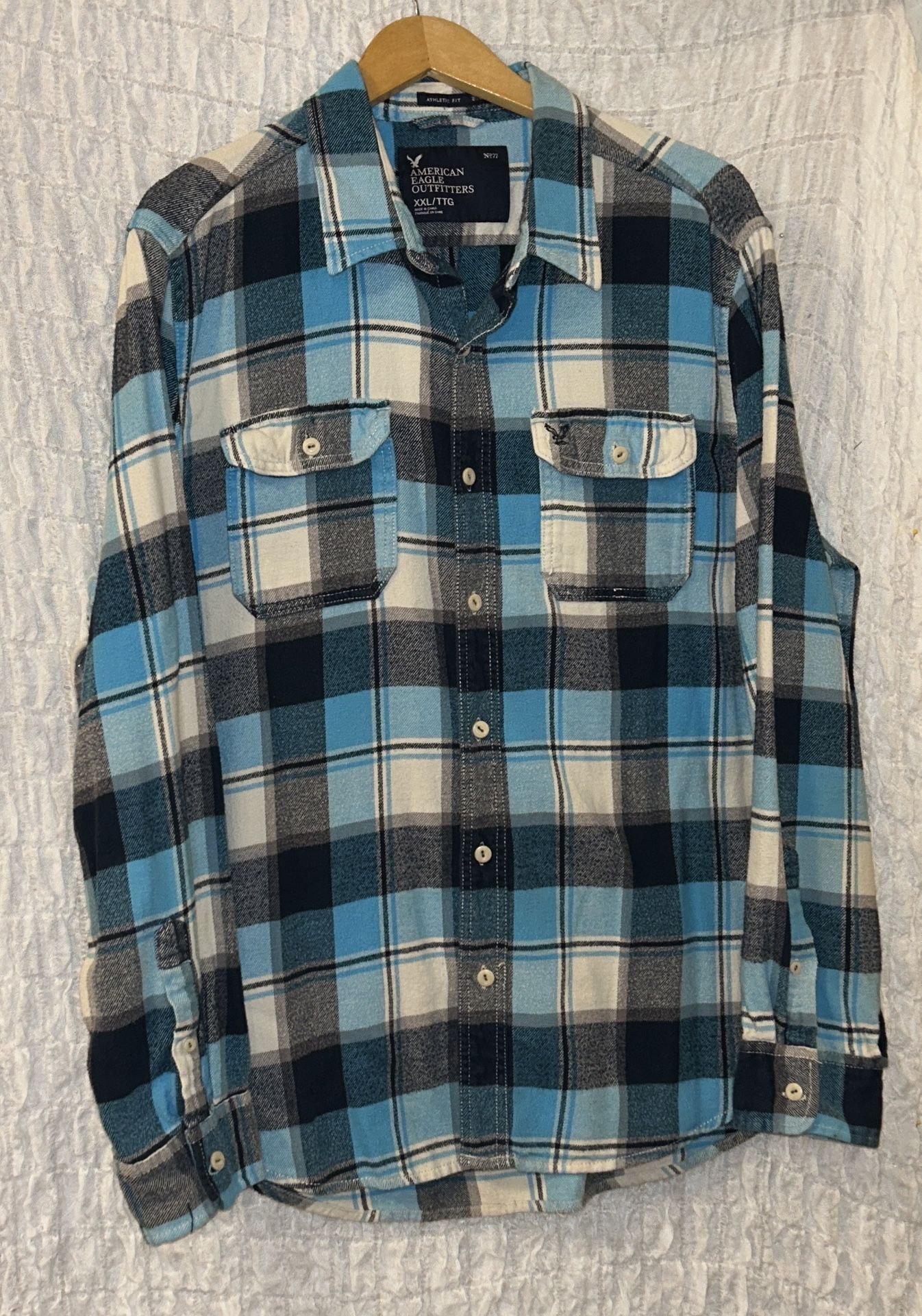 American Eagle Outfitters Blue and White Plaid Flannel Shirt, Cotton, Size: XXL