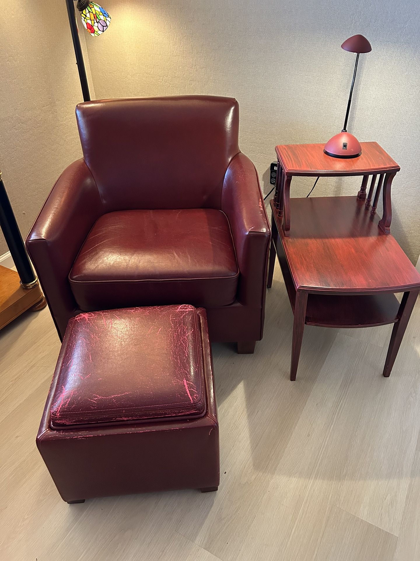 Red Leather Chair & Matching Storage Ottoman & Telephone Table (lamp NOT included)