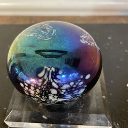 Signed Art Glass Iridescent Glass Paperweight 2.5”