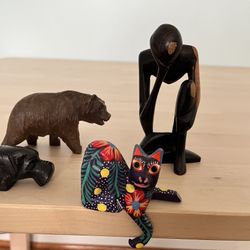 4 Vintage Hand Carved Figurines Cat, Bear,Hippo, Person