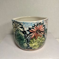 Vintage Studio Art Pottery Hand Painted Ceramic Cachepot Planter Signed