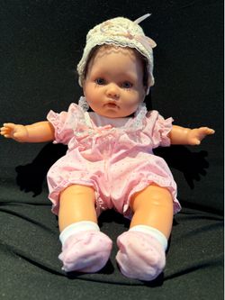 Vintage Berenguer Weighted Baby Doll Brunette Brown Eyes Pink Romper & Bonnet
