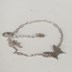 925 Sterling Silver Butterfly Charm Link Bracelet Adjustable Paperclip Chain 8"