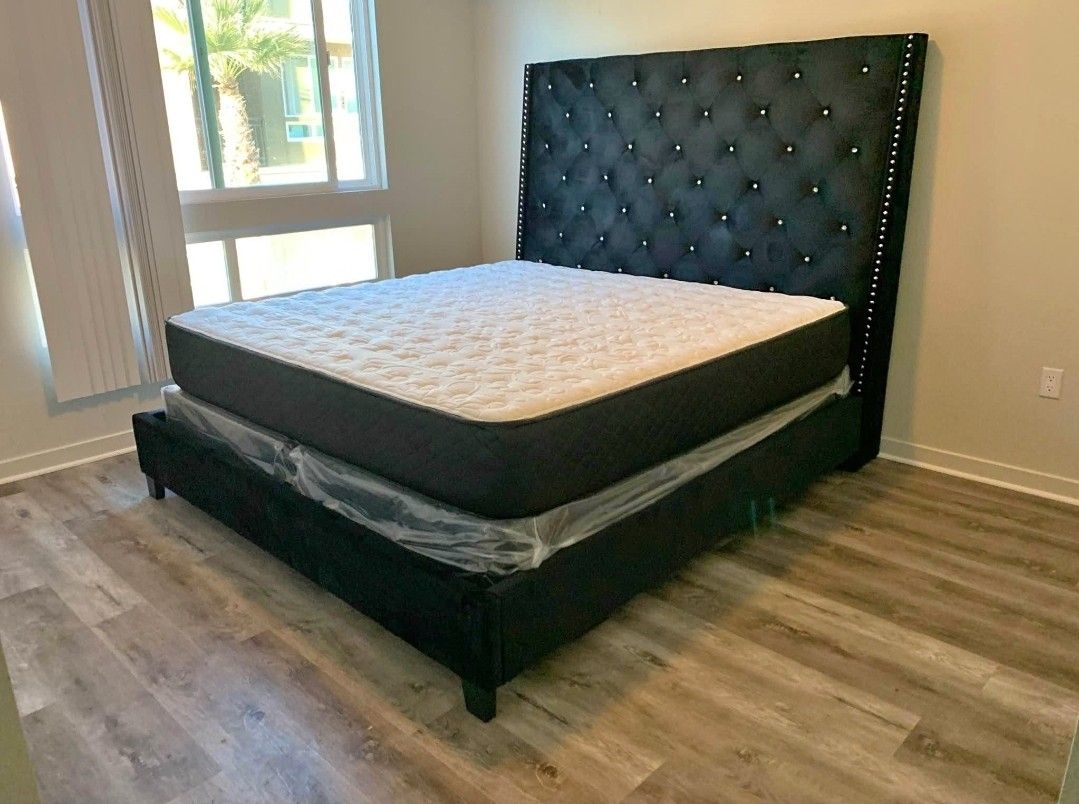 TUFTED HEADBOARD BRAND NEW QUEEN PILLOWTOP MATTRESS AND BOXSPRING SAME DAY DELIVERY
