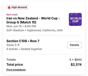 4 World Cup tickets 1000 OBO