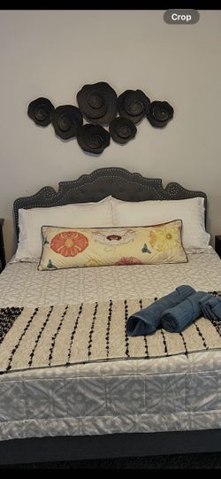 Upholstered Queen Bed Frame - Gray, Nailhead Trim - Like New