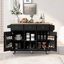 Kitchen Cart with Rubber wood Drop-Leaf Countertop ,Cabinet door internal storage racks,Kitchen Island on 5 Wheels with Storage Cabinet and 3 Drawers 