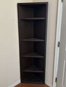 Tall Dark Wood Corner Bookcase / Shelf