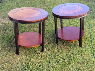 Matching Set of 2 Round Wood End Tables with Lower Shelves