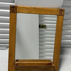 Vintage Oak Wall Mirror with Carved Details and Built-in Shelf