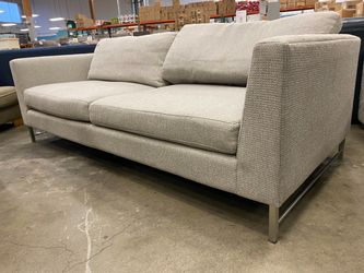CRATE & BARREL Grey Tweed Tyson Sofa with Square Arm and Metal Base