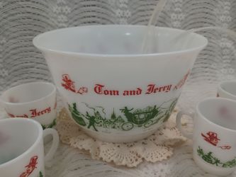 Vintage Christmas Tom and Jerry milkglass eggnog punch bowl and mug set Hazel Atlas