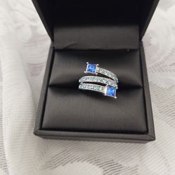Rhodium plated blue sapphire/crystal  ring