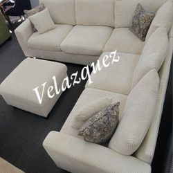 ✅️✅️4 pc ivory cordury fabric upholstered sectional sofa with ottoman.