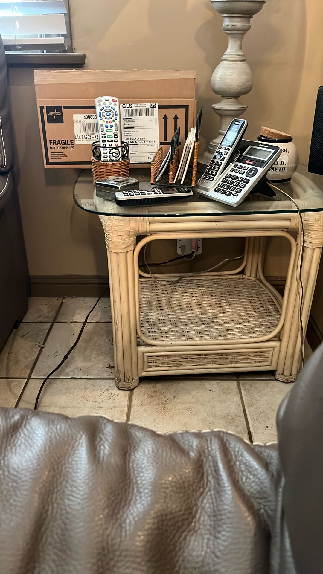 Glass Top Wicker And Bamboo End Table