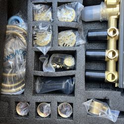 Shower Faucet Set Brushed Gold Temperature Shower System, Push Button Diverter Shower Faucet with 16 Inch Ceiling LED Rain Showerhead