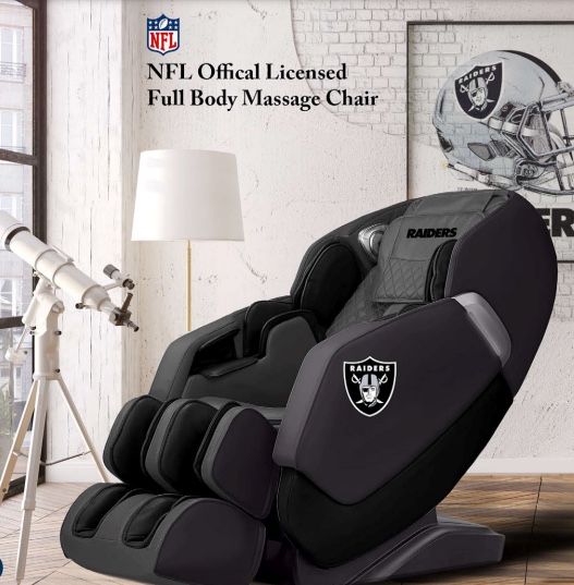 NFL Raiders Smart Zero Gravity Massage Chair with Speakers Foot Rollers Heat Therapy