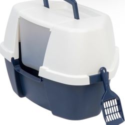 IRIS USA Large Hooded Corner Cat Litter Box with Scoop, Blue