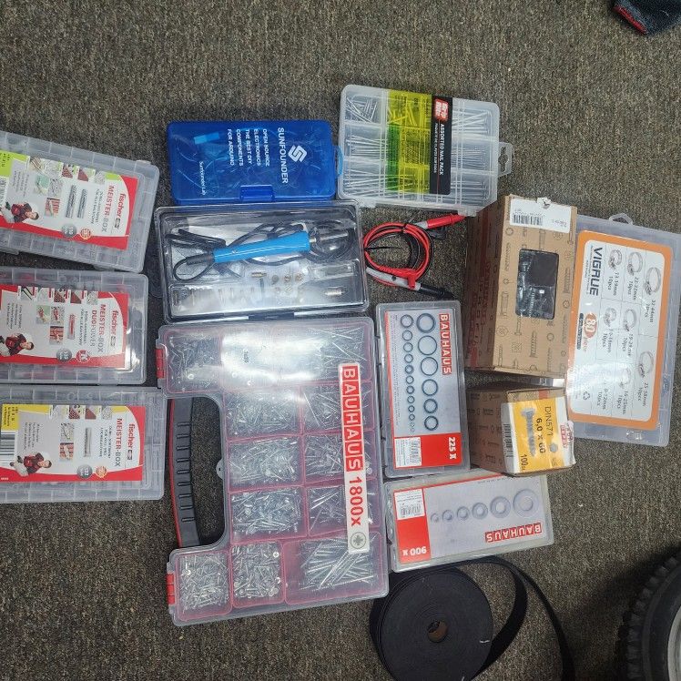 Assorted screws bands, rings, clamps, nails, washers, wood crafting, electronics, screws, plugs