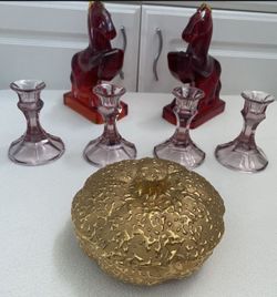Vintage L.E. Smith Liberty Amberina Rearing Horse Book Ends Candle Holders Plus