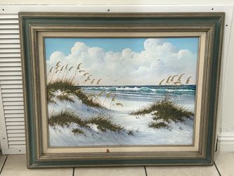 Framed Beach Seascape Oil Painting