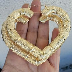 Xlarge big 10k yellow gold heart bamboo earrings 3 x 3.5 inches