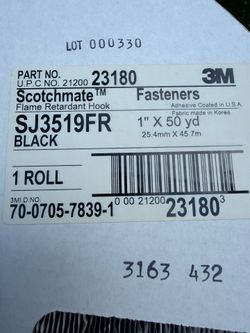 3M Fastener SJ3519FR Hook Flame Resistant Black, 1 in x 50 yd 0.15 in Engaged Thickness, 3 per case Bulk