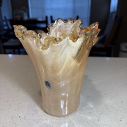 Vintage Murano Handblown fluted edge amber blown glass vase handmade 9" high art